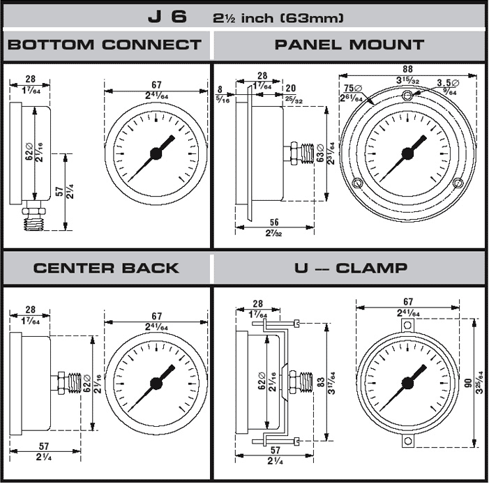 Dimensional Drawings for McDaniel Model J6 - 2 1/2" Dial