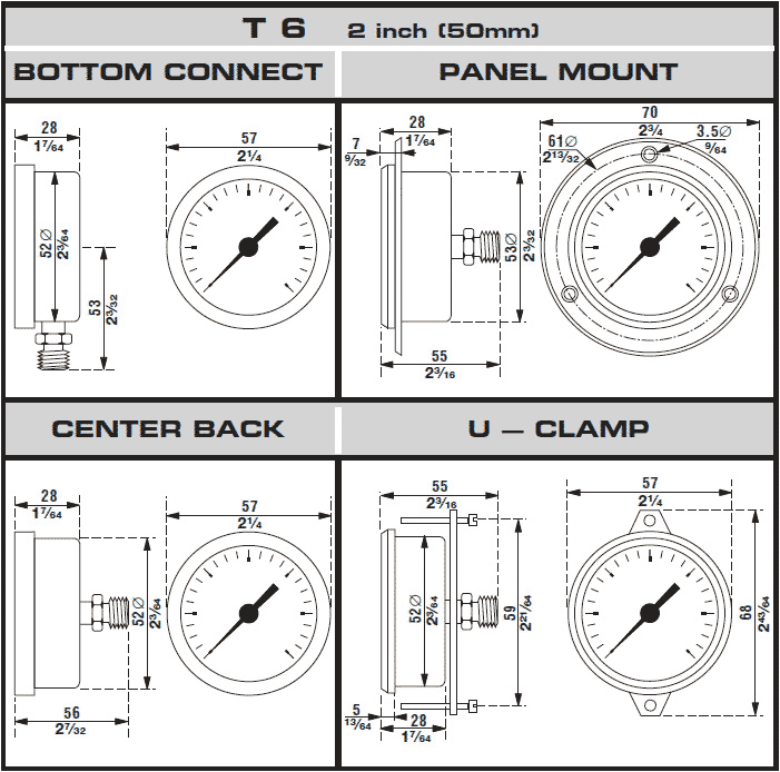 Dimensional Drawings for McDaniel Model T6 - 2" Dial