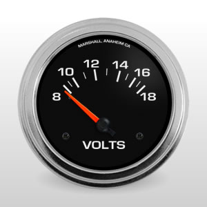 Voltmeter Gauge.  Black Dial, Electric Short-Sweep Voltmeter