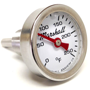 Direct Mount Engine Thermometer.  0-250F "Shock Proof" Flag Dial, Silicone Filled.