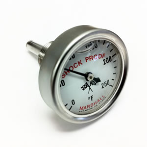 Direct Mount Engine Thermometer.  0-250F "Shock Proof" Flag Dial, Silicone Filled.
